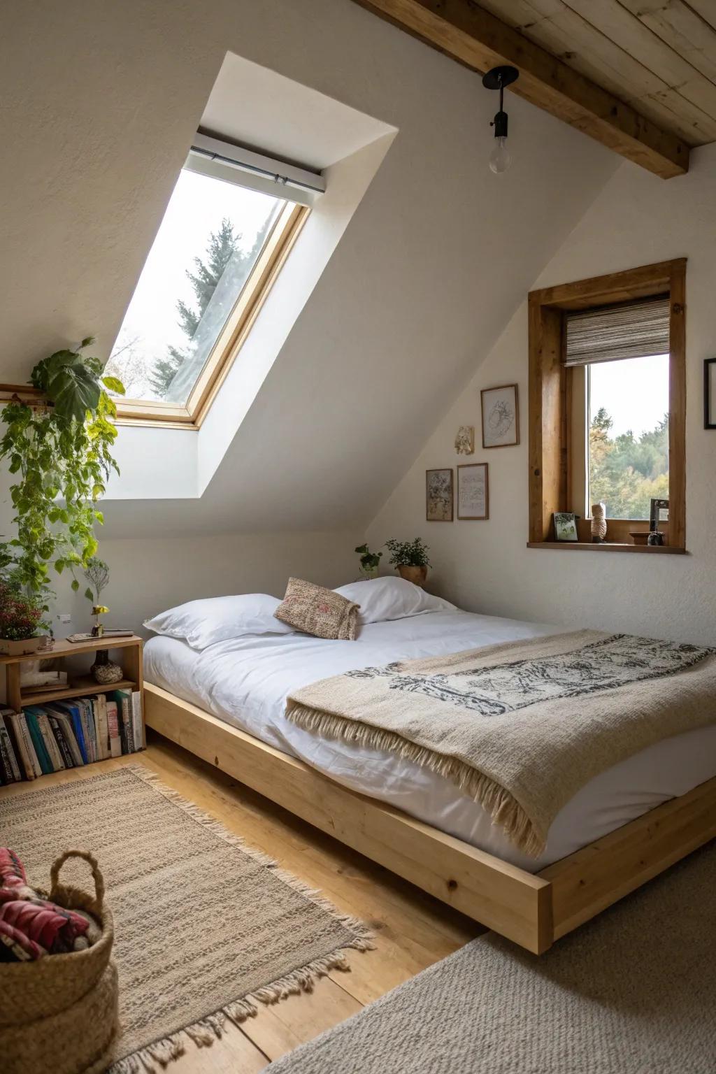 Low-profile beds create a spacious feel in your attic bedroom.