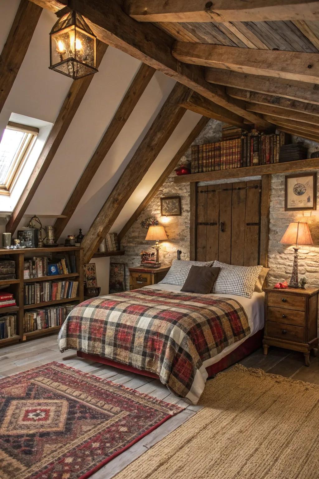 Exposed wooden beams add rustic warmth to your attic bedroom.