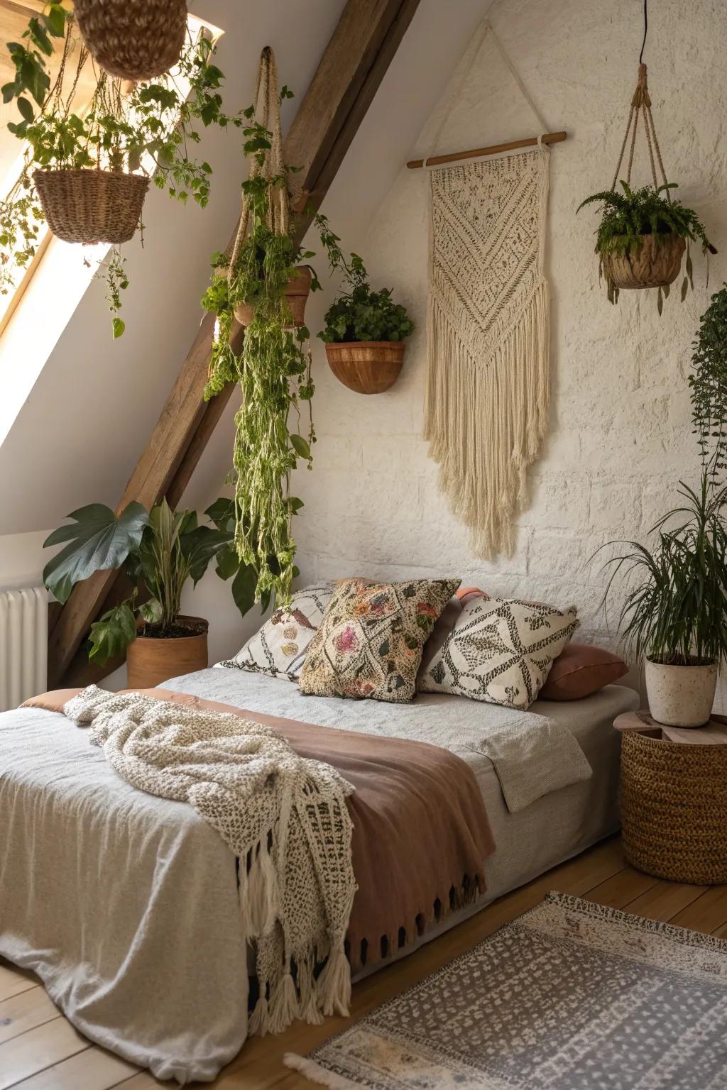 Bohemian accents add creativity and vibrancy to your attic bedroom.
