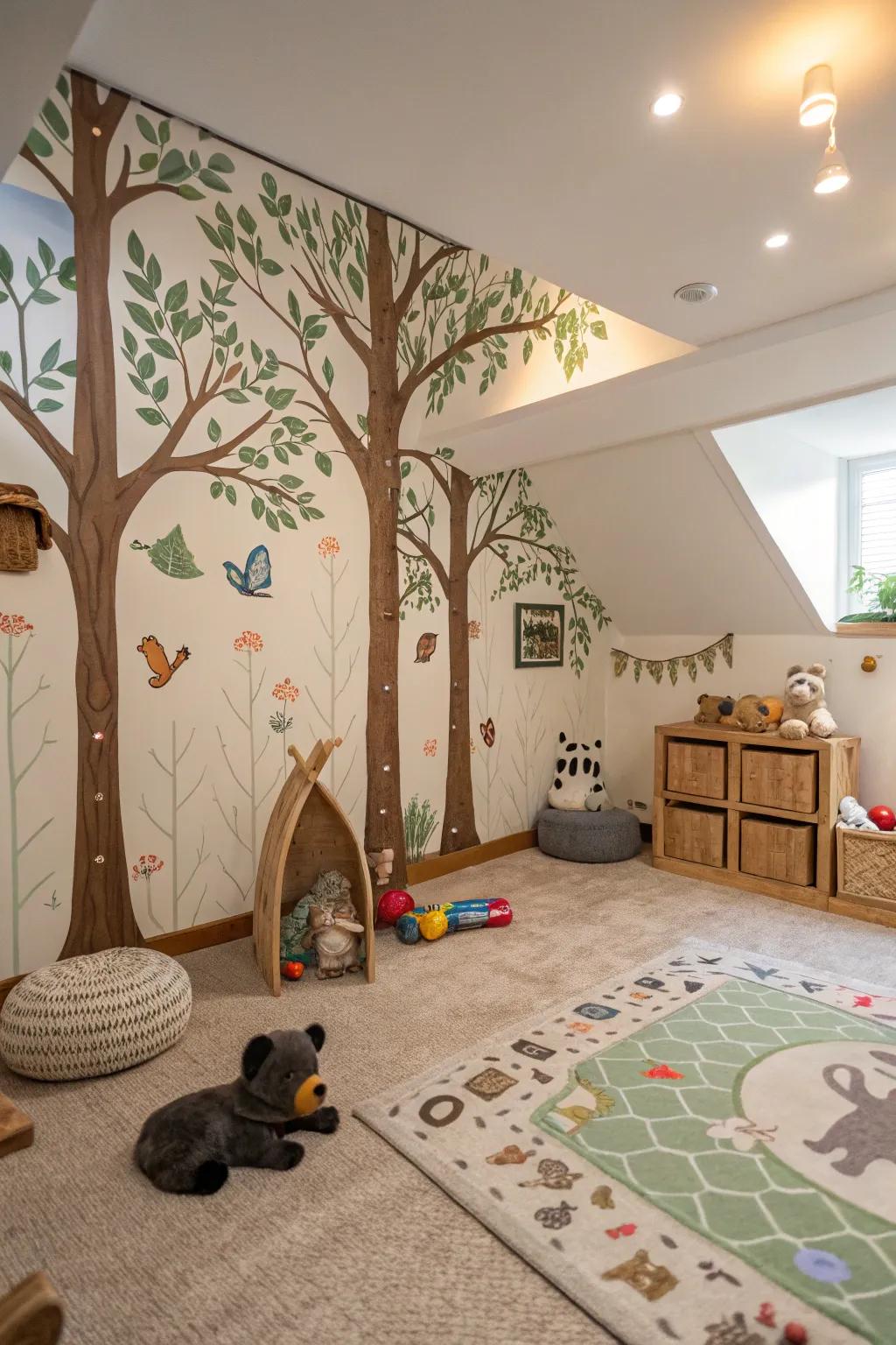 A forest-themed play area sparks imaginative adventures.