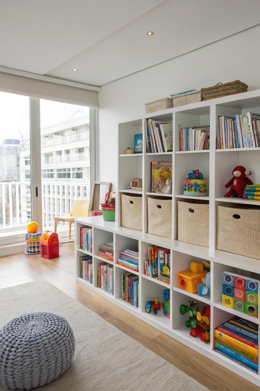 A built-in storage wall keeps the playroom organized.