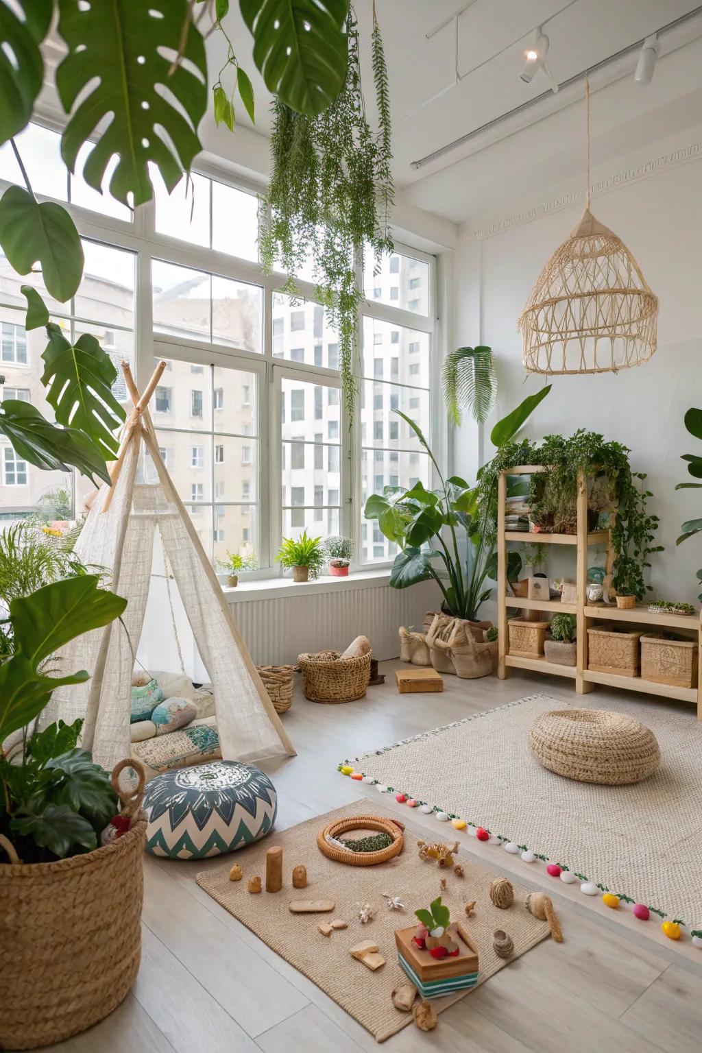 Nature-inspired decor brings warmth and balance to the playroom.