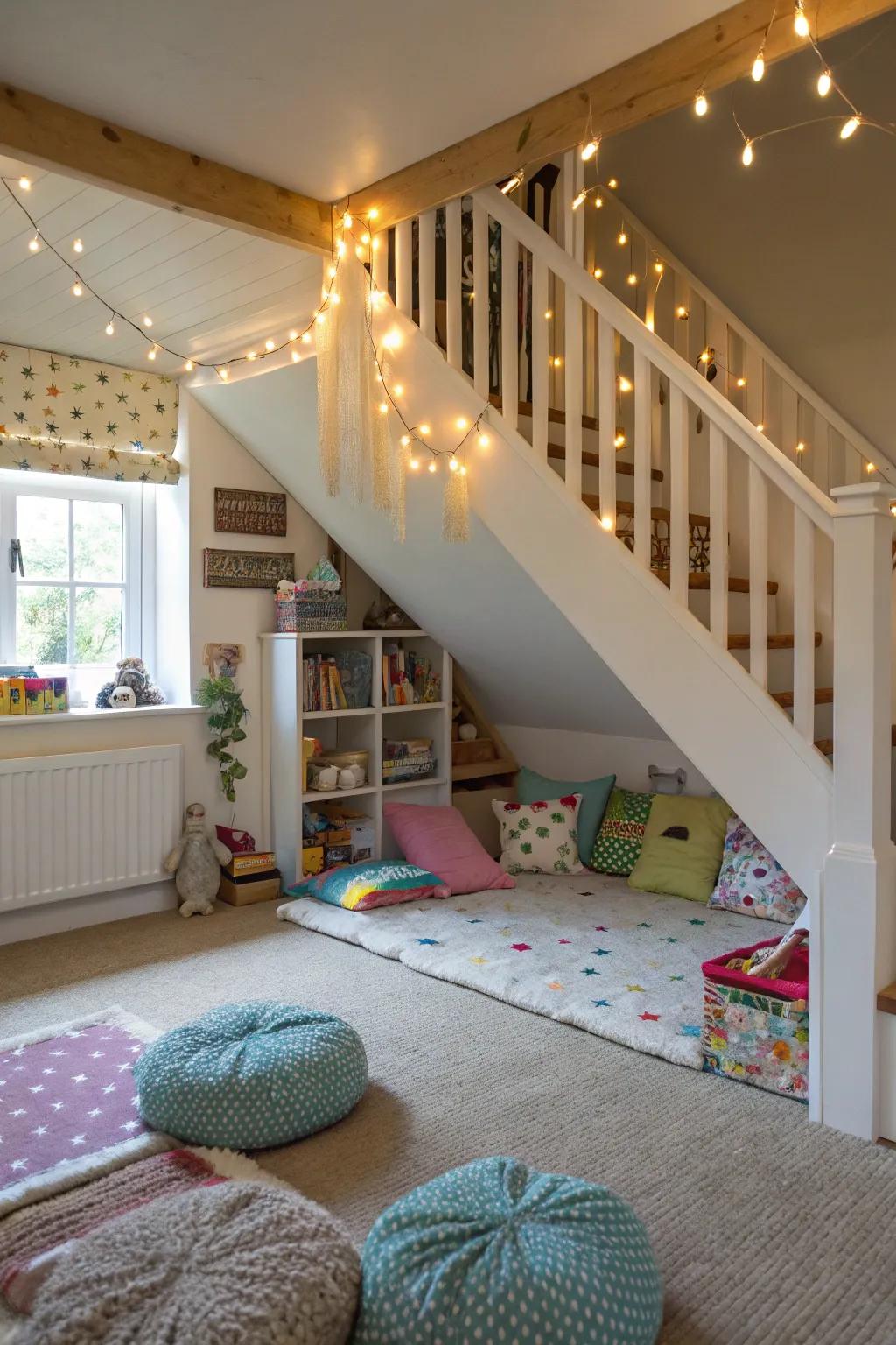 A secret hideaway under the stairs offers a cozy retreat.