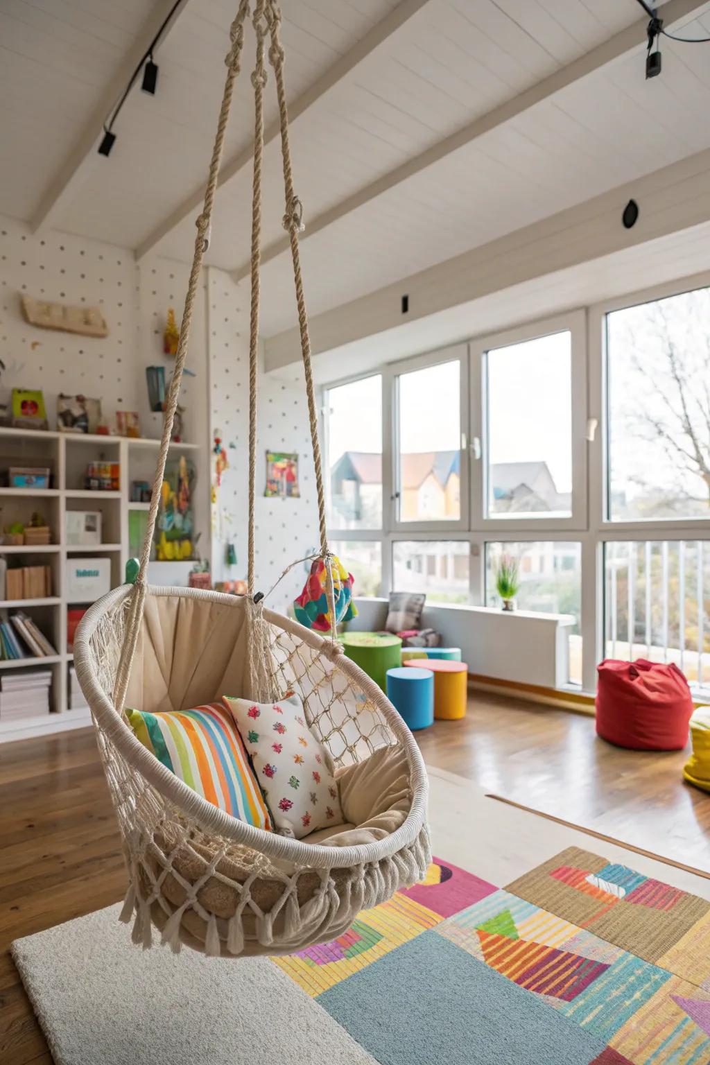 A swing chair adds a playful element to the seating area.