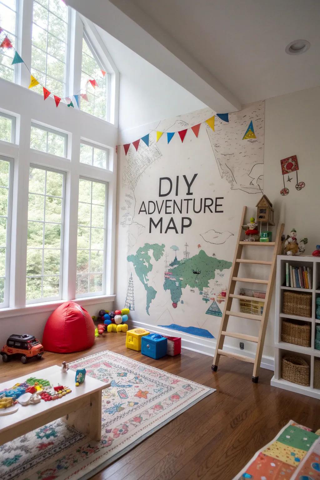 A DIY adventure map on the wall ignites imaginative journeys.