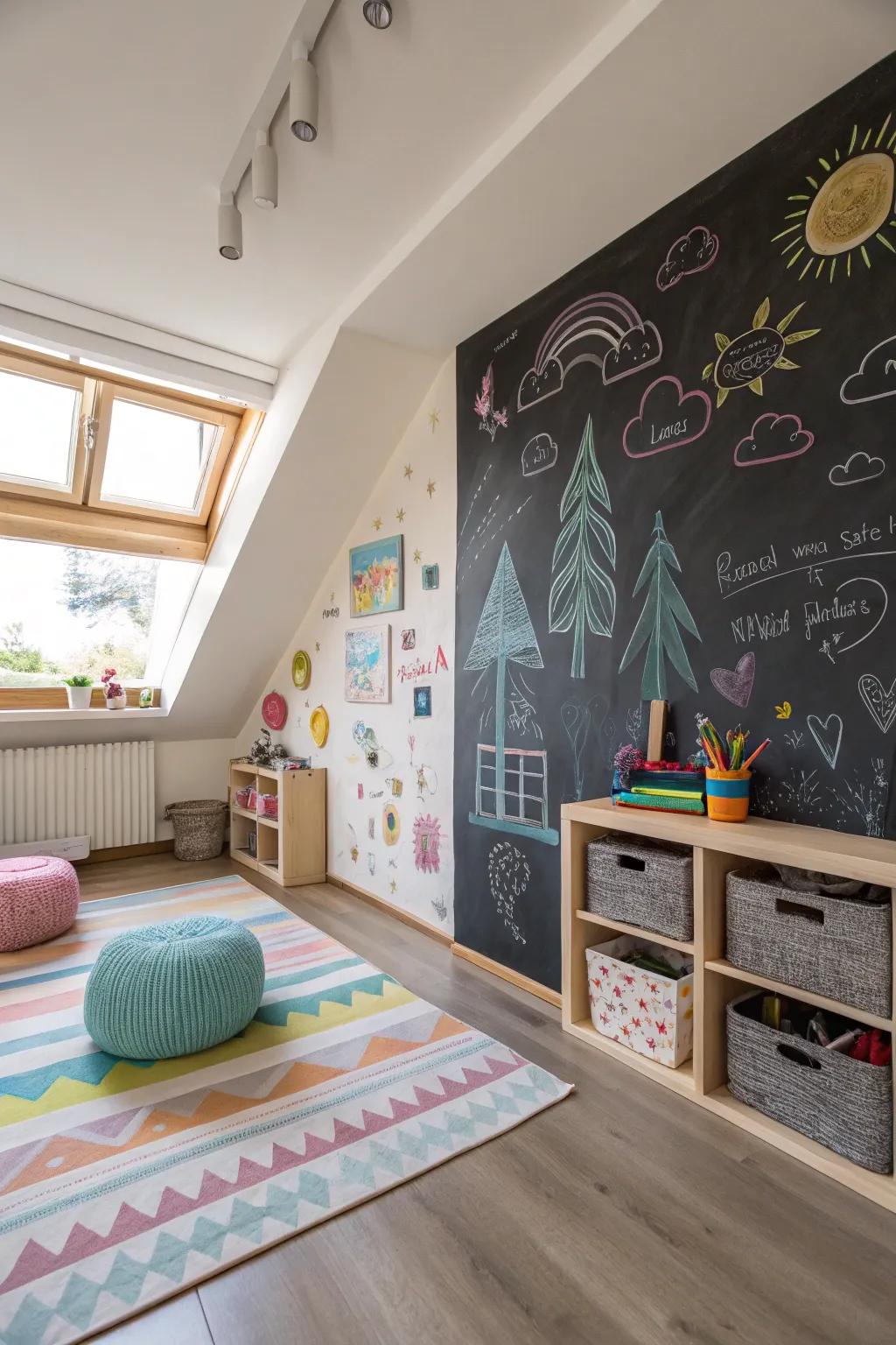 A chalkboard wall encourages artistic expression and learning.