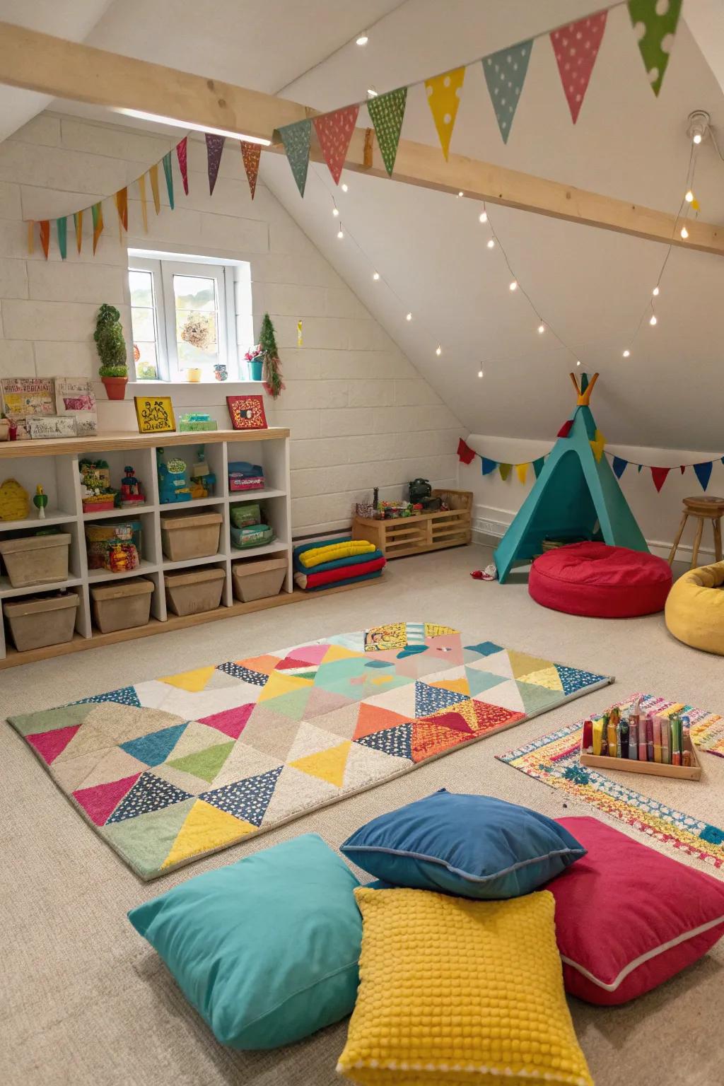 Floor cushions and rugs create a cozy and inviting play area.
