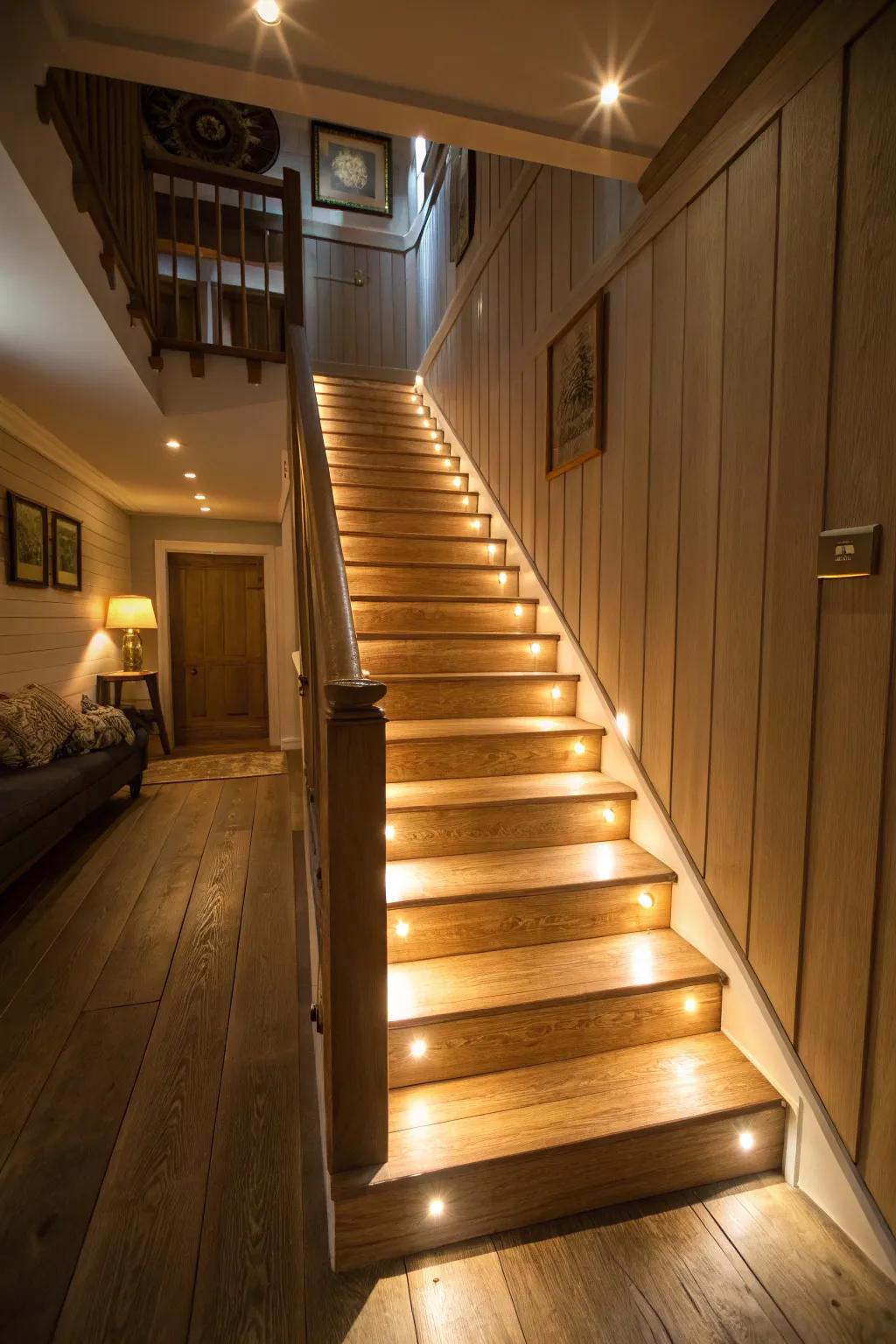 Ambient lighting integrated into basement stairs enhances mood.