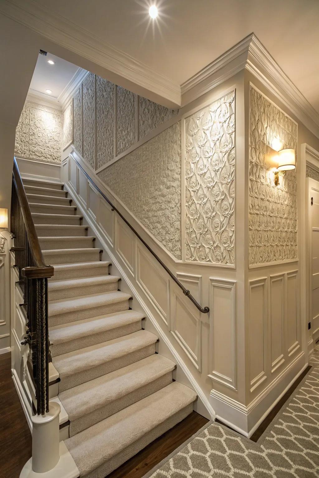 Textured wall panels add sophistication and dimension to stairs.