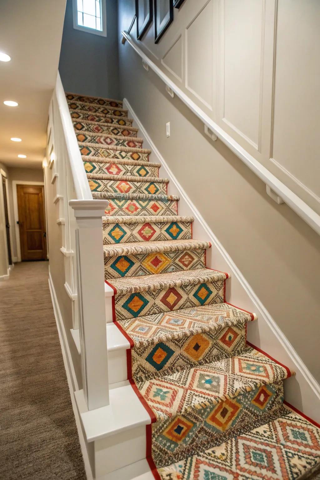 Stair runners enhance comfort and safety on basement steps.