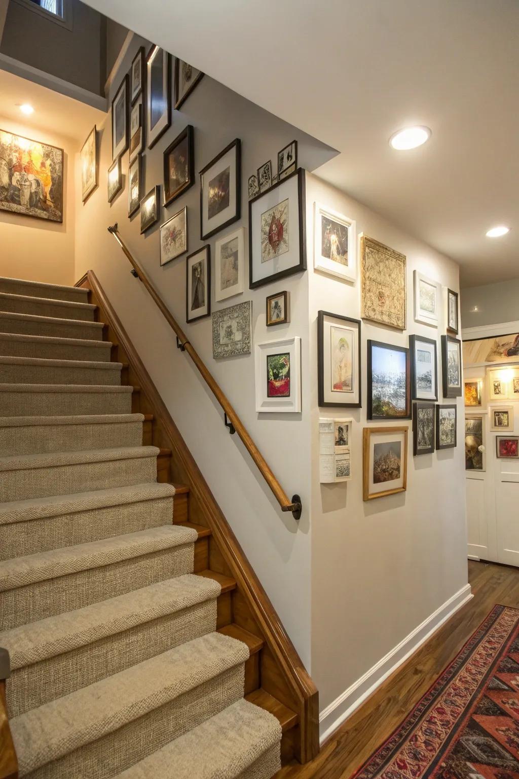 Display art or family photos along basement stairs for a personal touch.