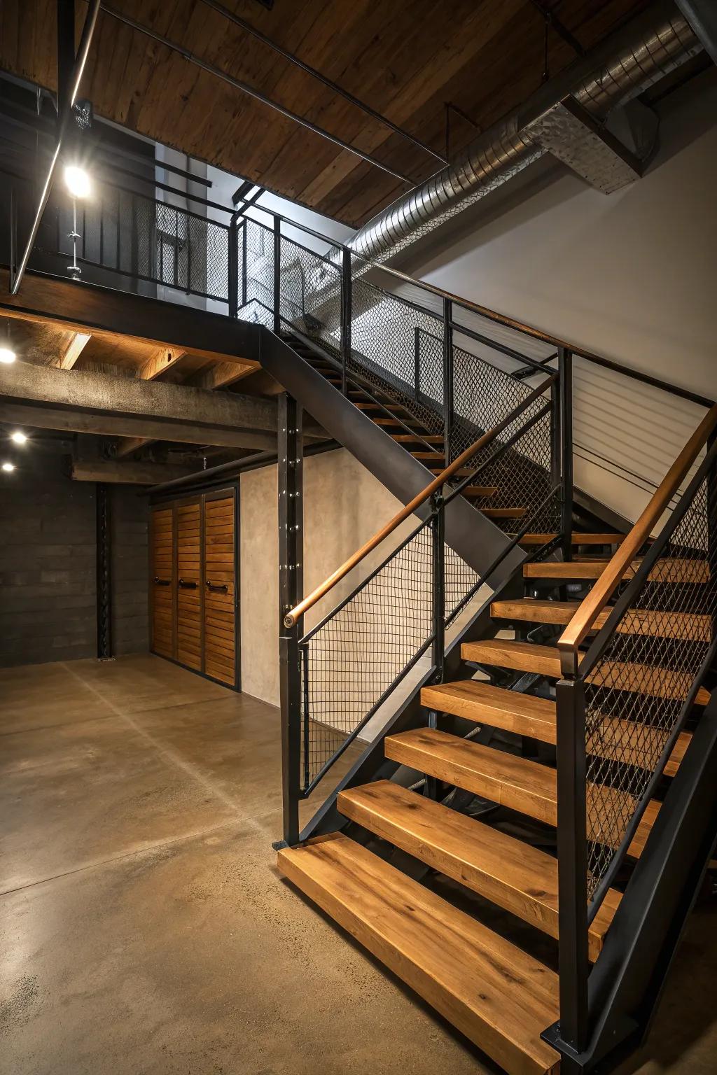 Wood and metal blend for a chic industrial staircase design.