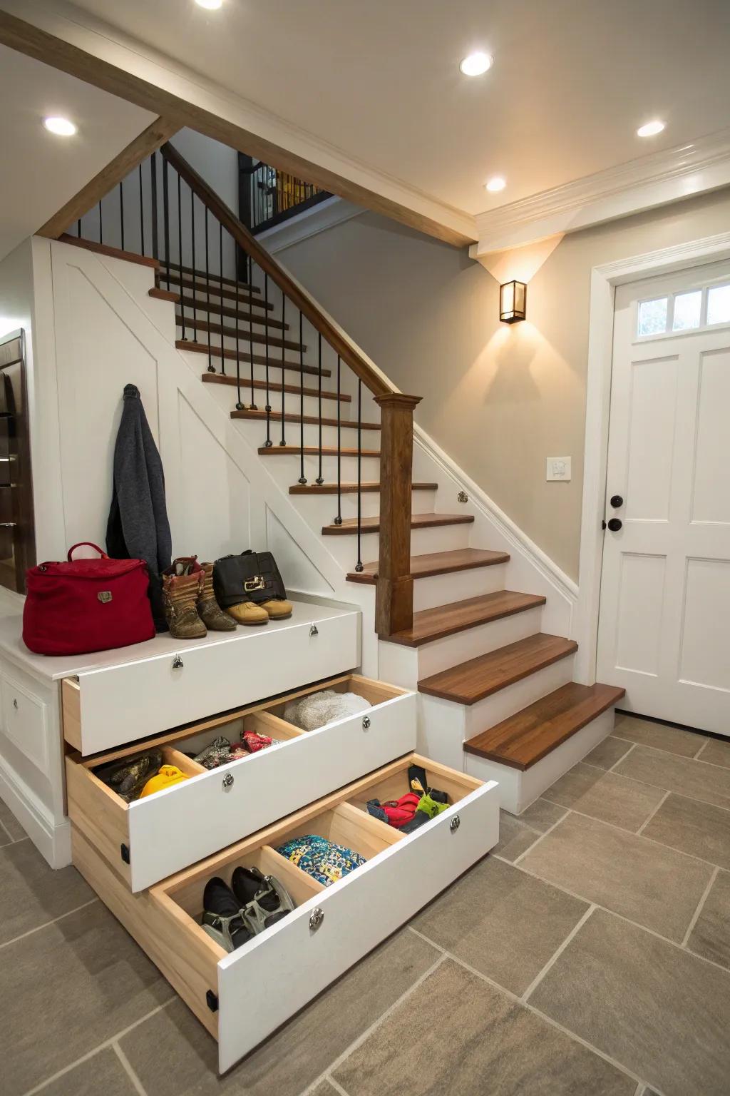 Smart storage options beneath basement stairs optimize space.