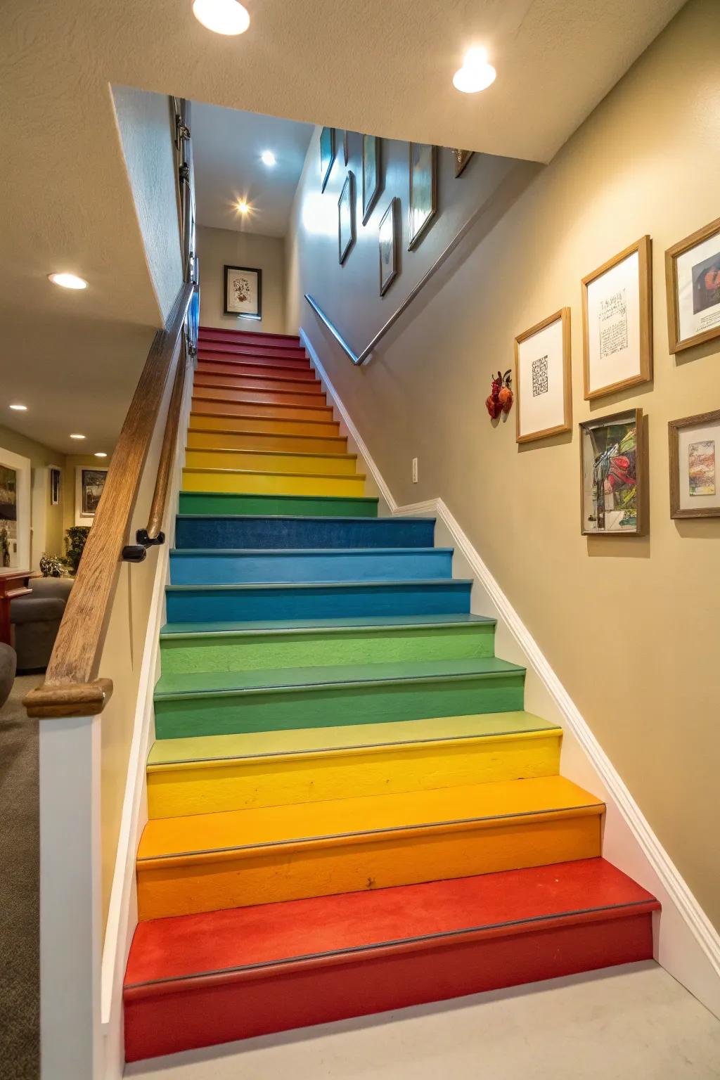 Colorful painted risers add vibrancy to basement stairs.