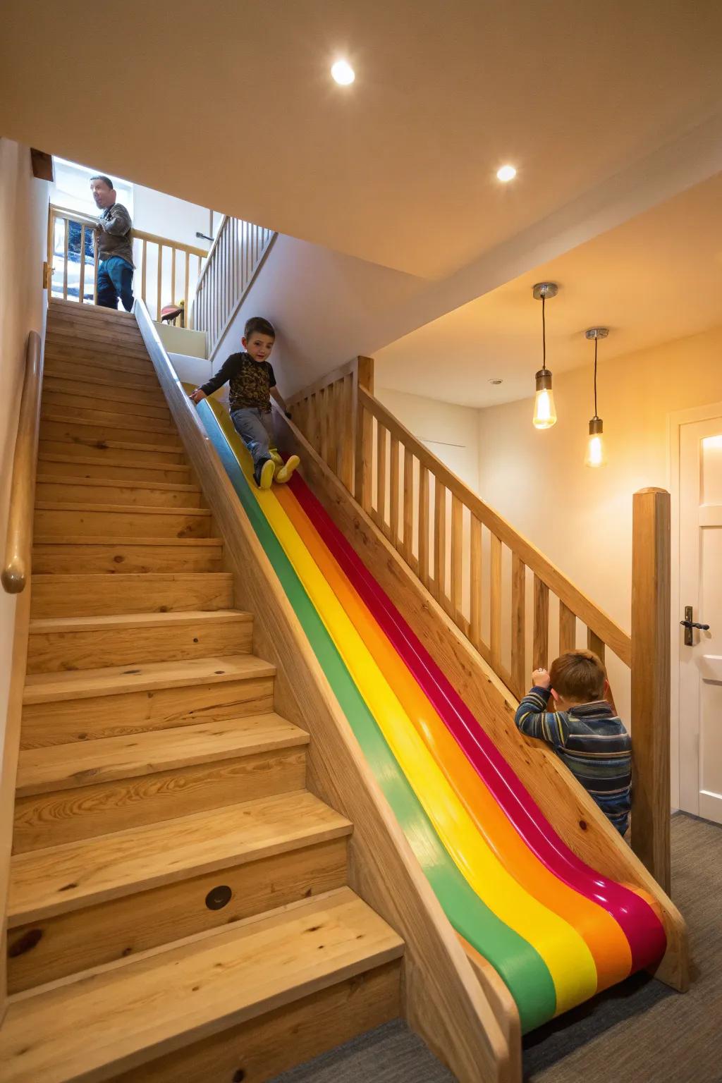 Add a playful slide next to basement stairs for family fun.