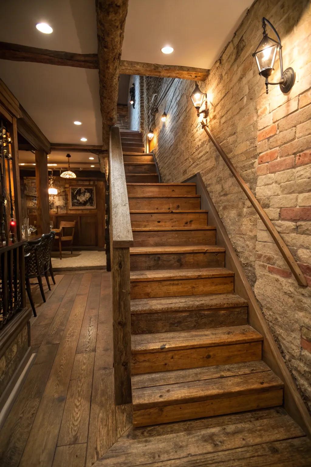 Rustic materials add warmth and character to basement stairs.