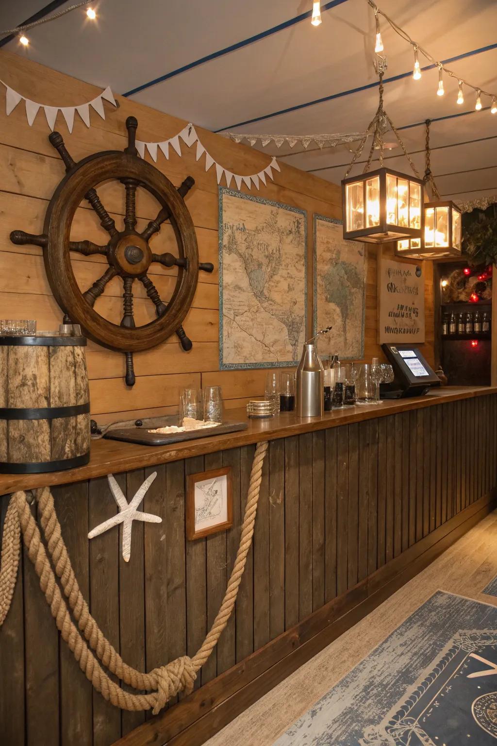 Experience a nautical-themed bar in your man cave.