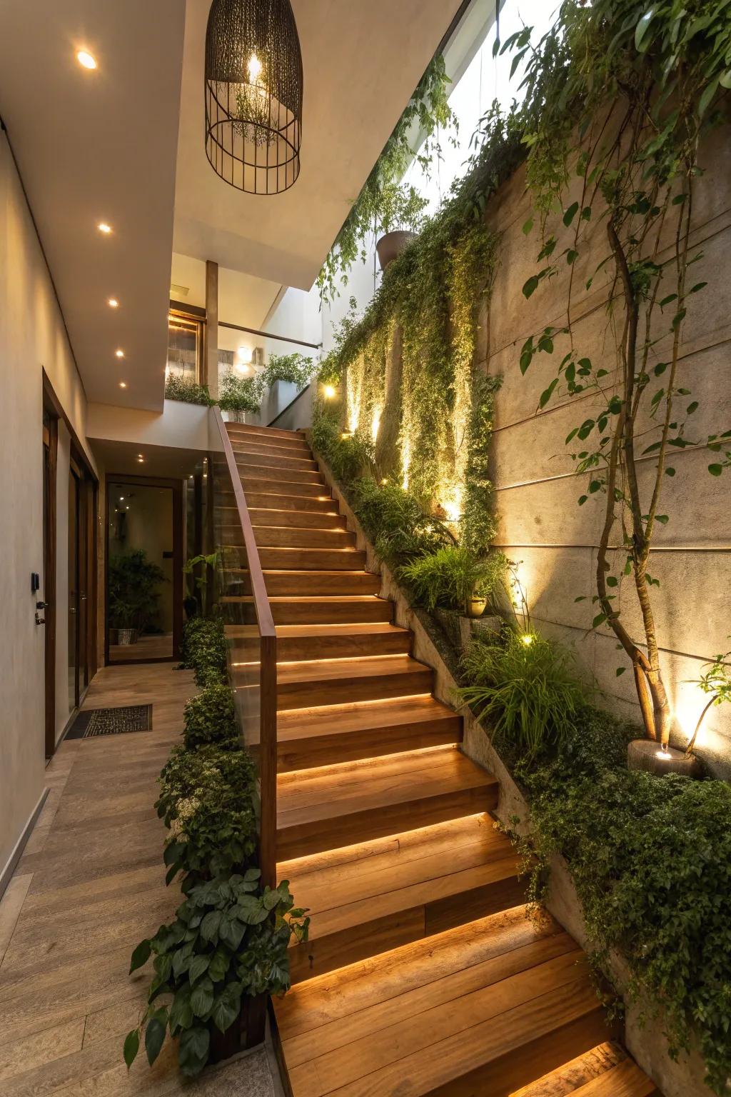 Natural wood steps paired with greenery for a warm, inviting ambiance.