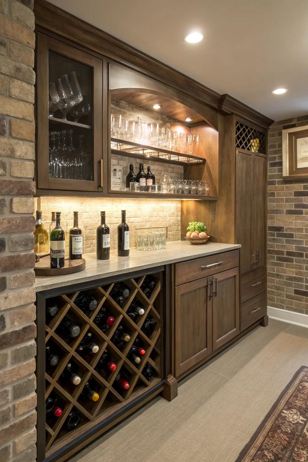 A built-in wine rack adds sophistication and style.