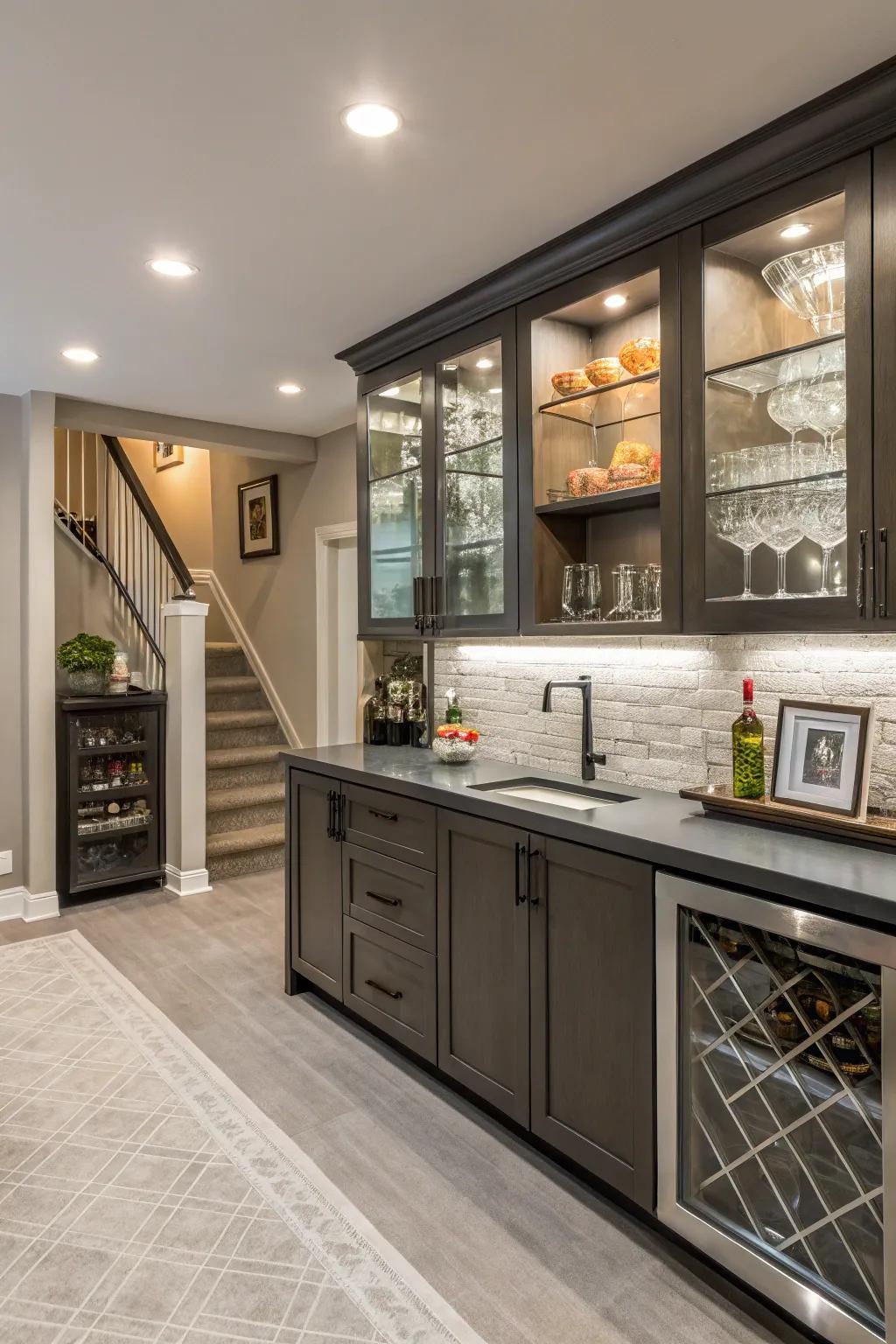Sleek cabinets and shelving bring style and order.