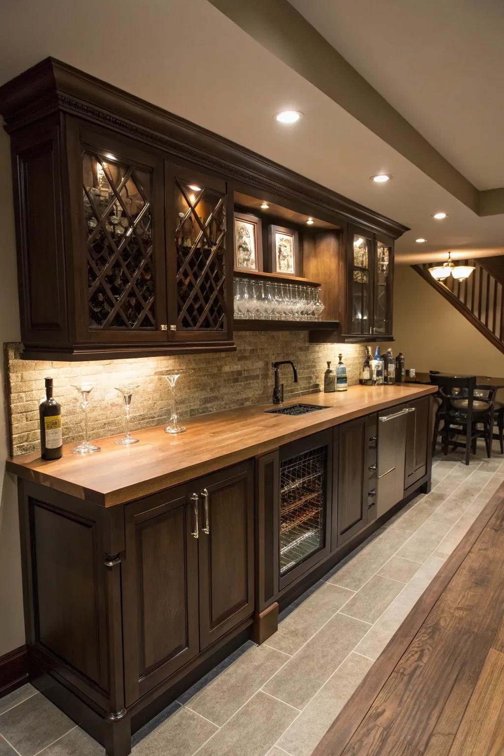 A wooden countertop adds warmth and elegance.