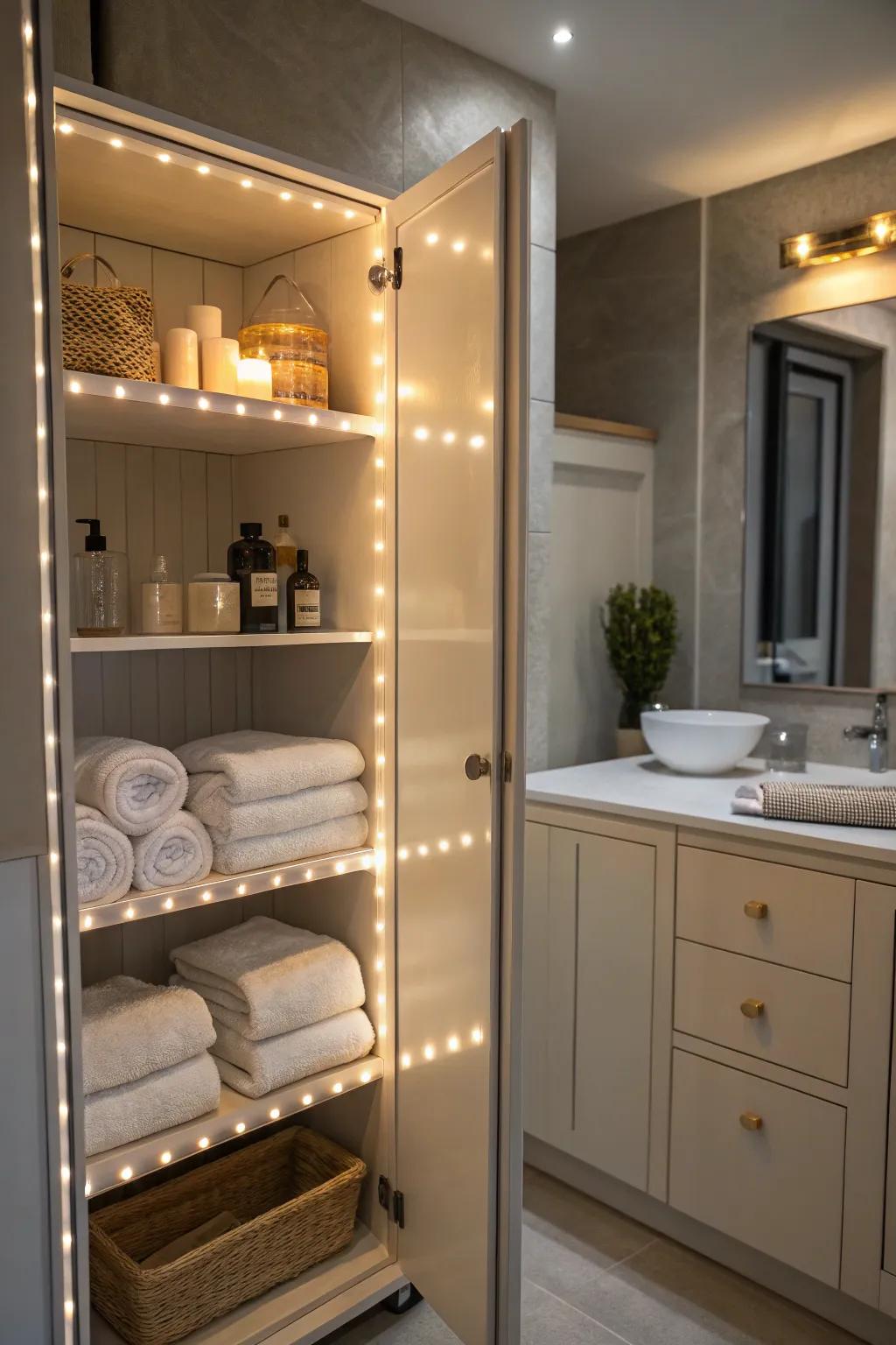 Lighting introduces warmth and highlights your organized items.