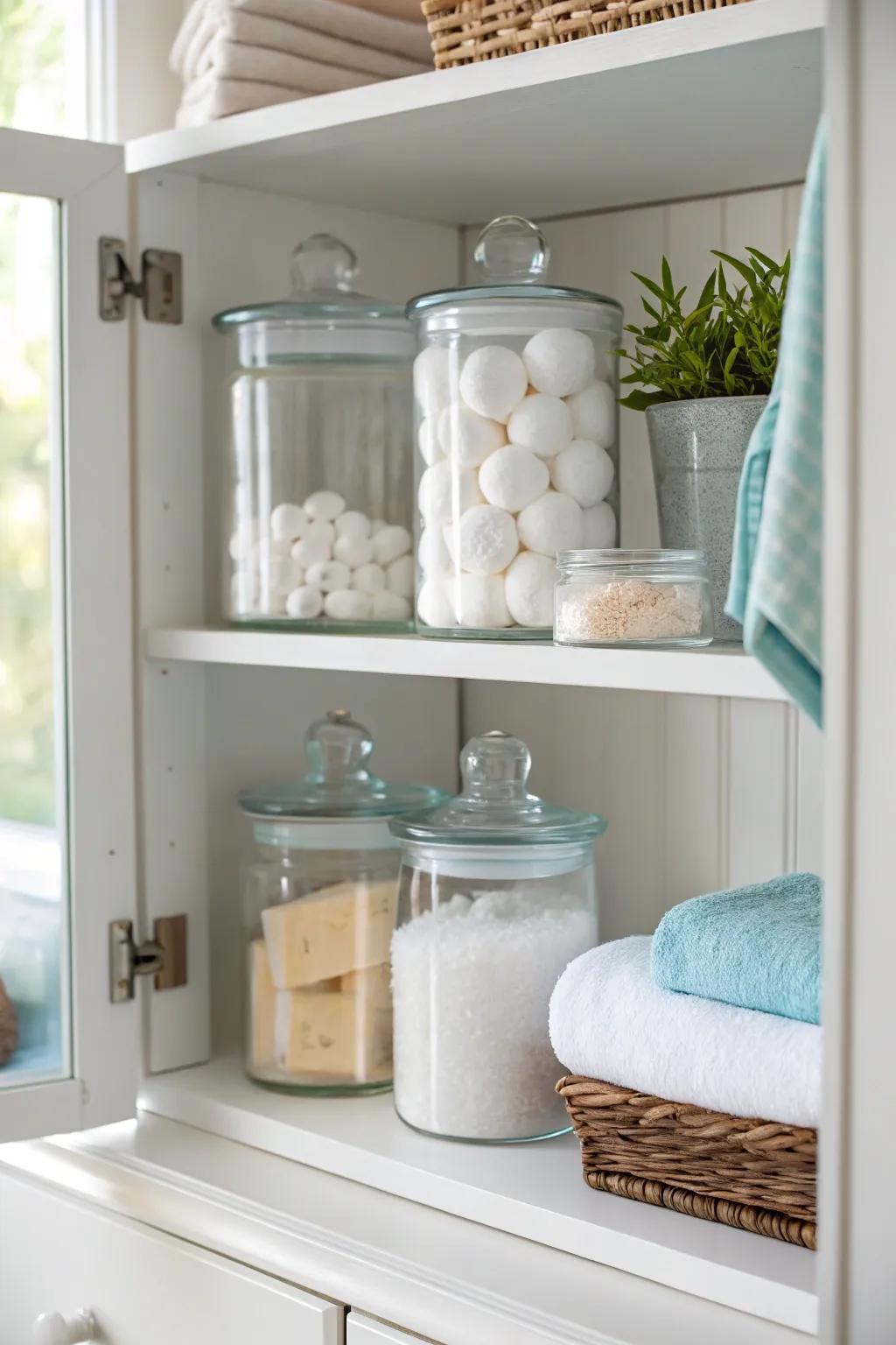 Glass jars offer fashionable storage solutions for diminutive essentials.