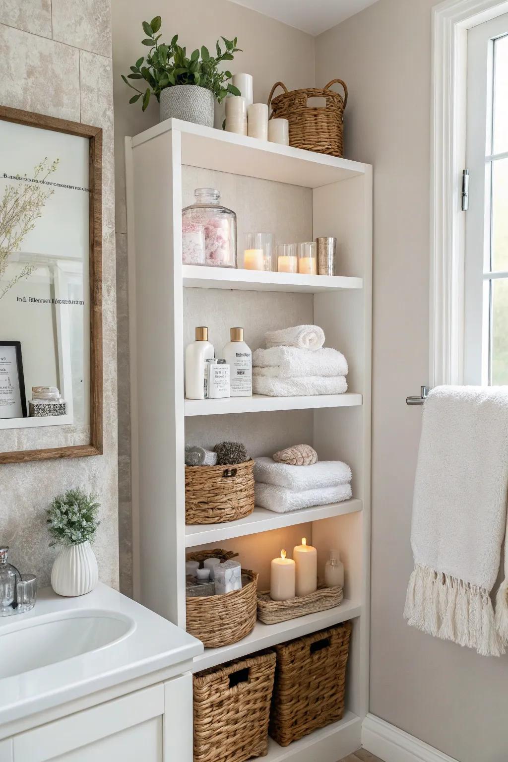Exposed shelving transforms your bathroom essentials into an elegant display.