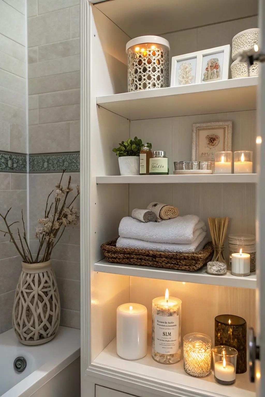 Decorative elements infuse exposed storage with personal flair.