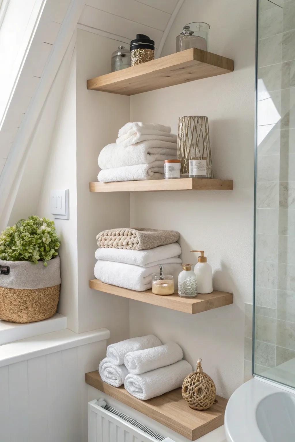Floating shelves introduce storage and style to bathroom corners.