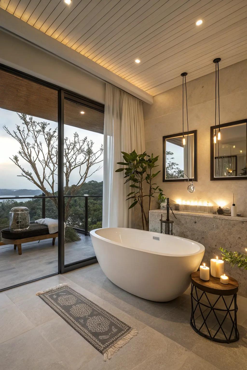 A corner soaking tub provides a luxurious experience, even in smaller bathrooms.