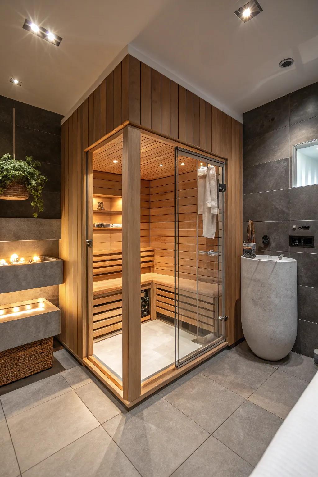 A corner sauna offers a private spa experience at home.