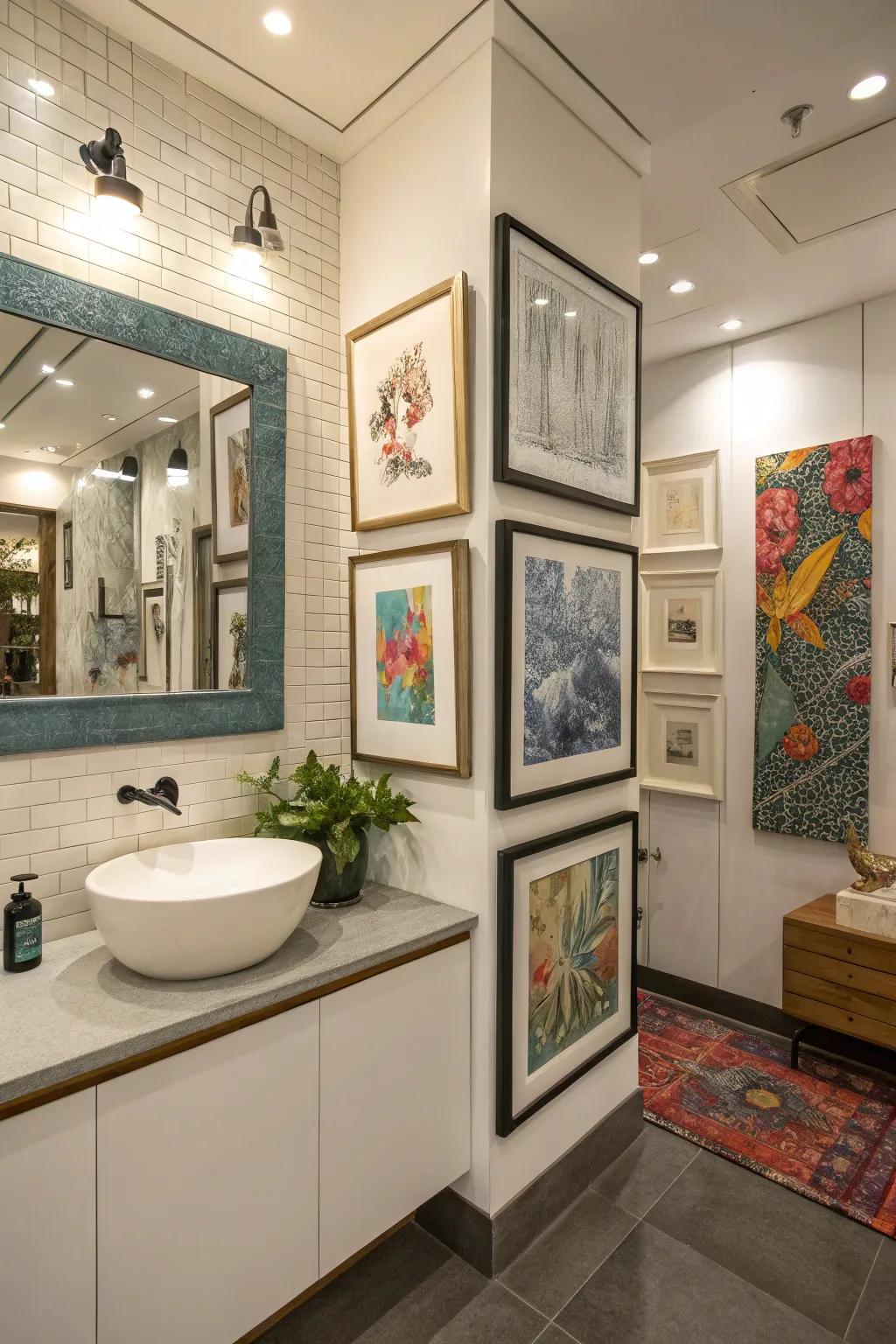 An art gallery in the corner personalizes the bathroom space.