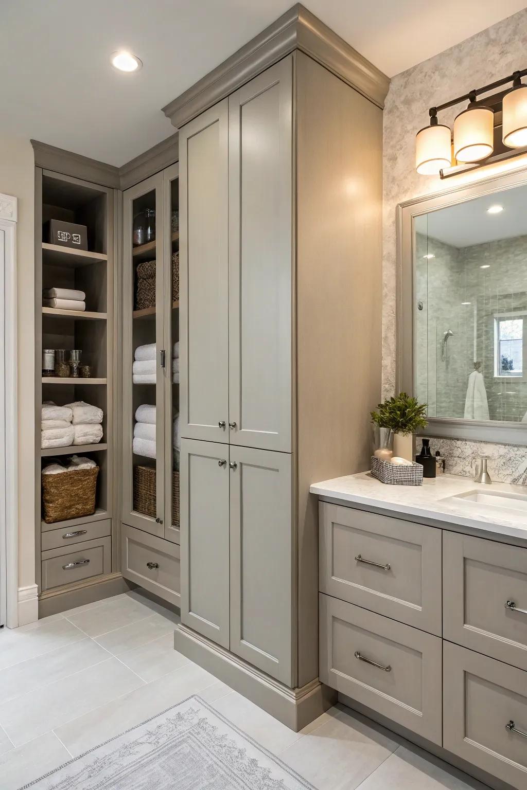 Utilizing vertical space maximizes storage in small bathrooms.