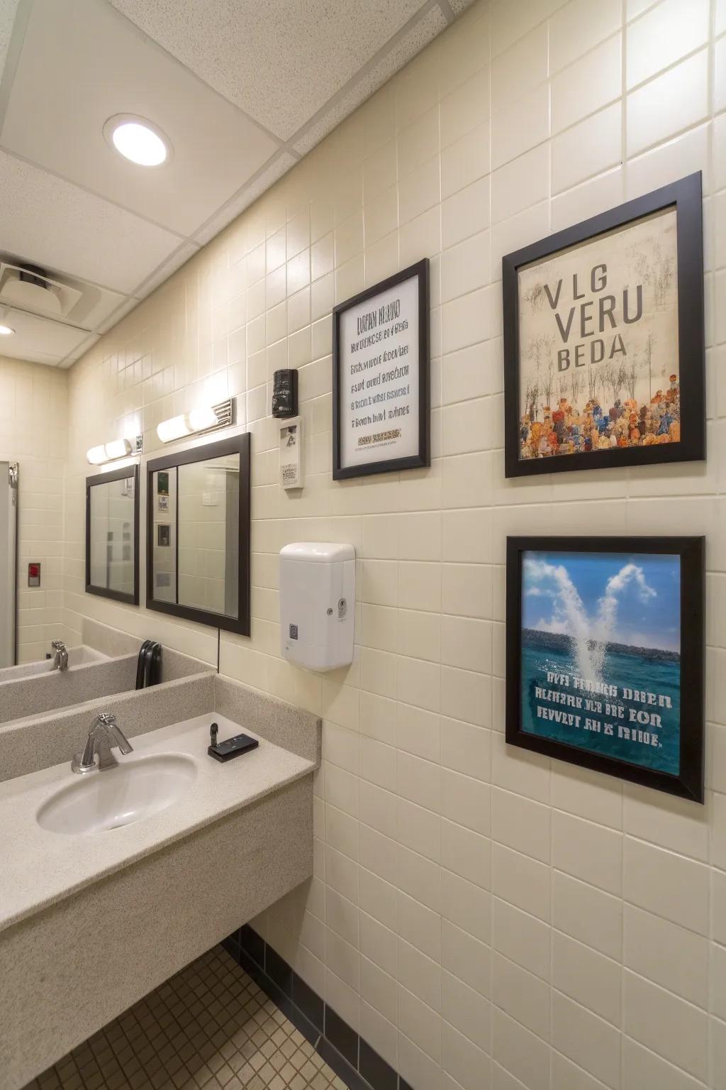 Framed motivational sayings enhance the walls of a work restroom, offering a cheerful aspect.