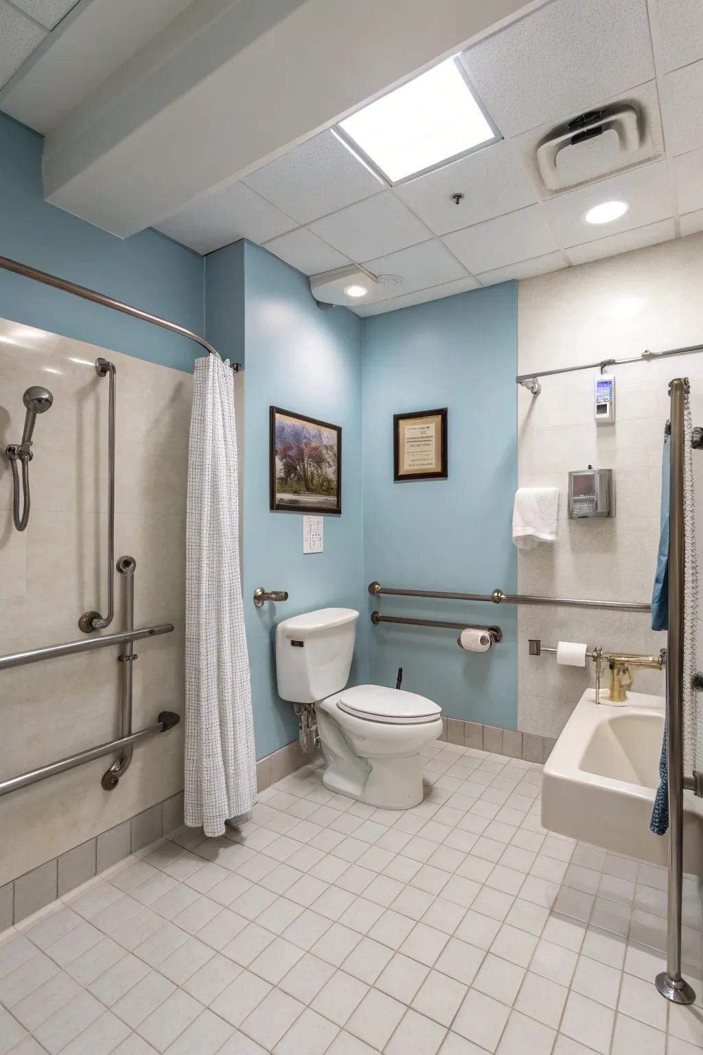 Inclusive features render the restroom passable and consoling for each and every one.