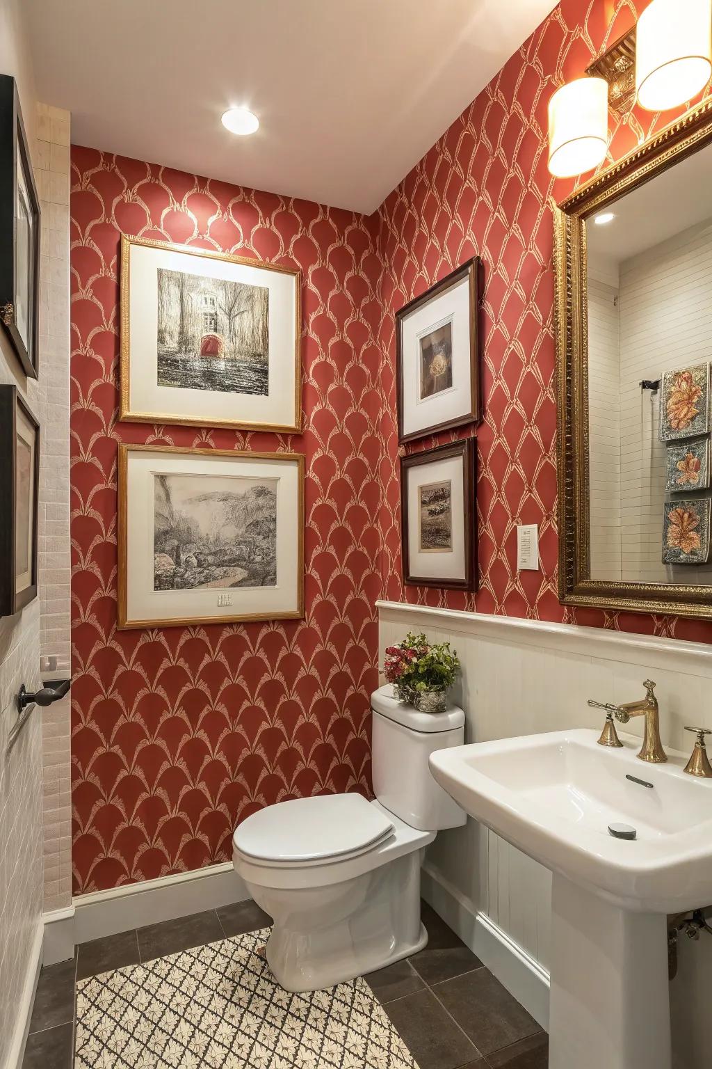 An accent wall and artistic works introduce an elegant feature to the work restroom.