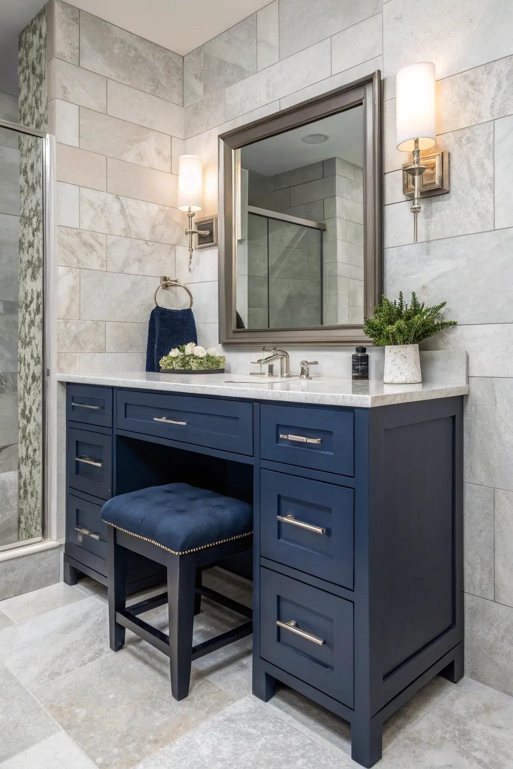 Natural stone tiles create textural depth.