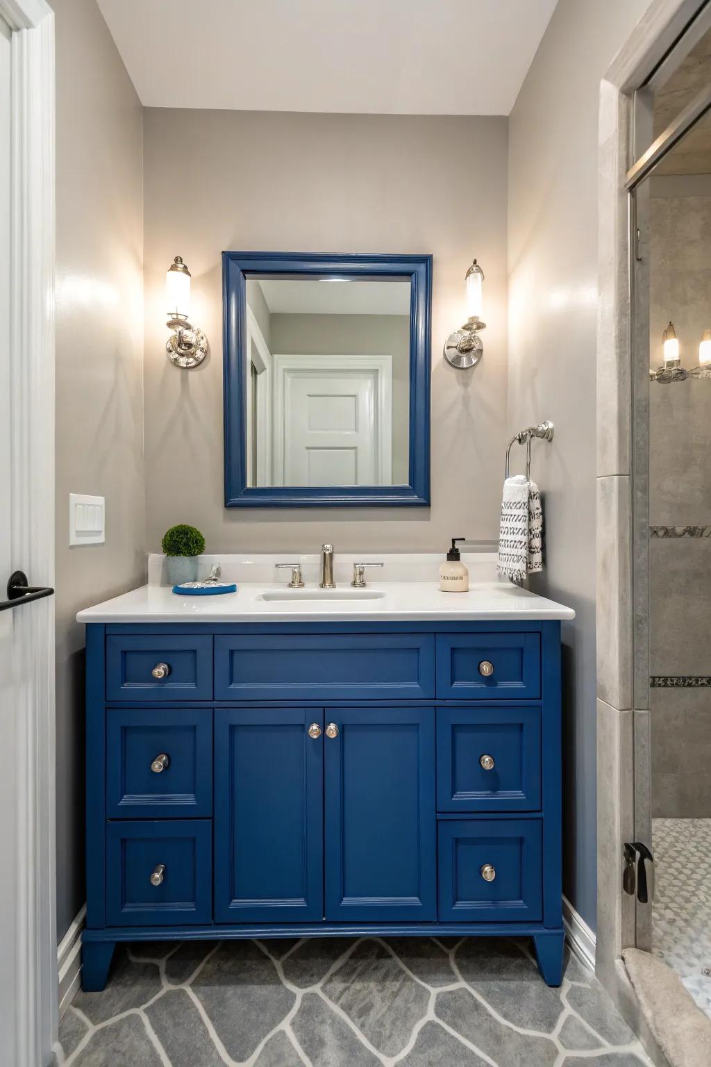 Vibrant azure vanity creates a striking focal point.