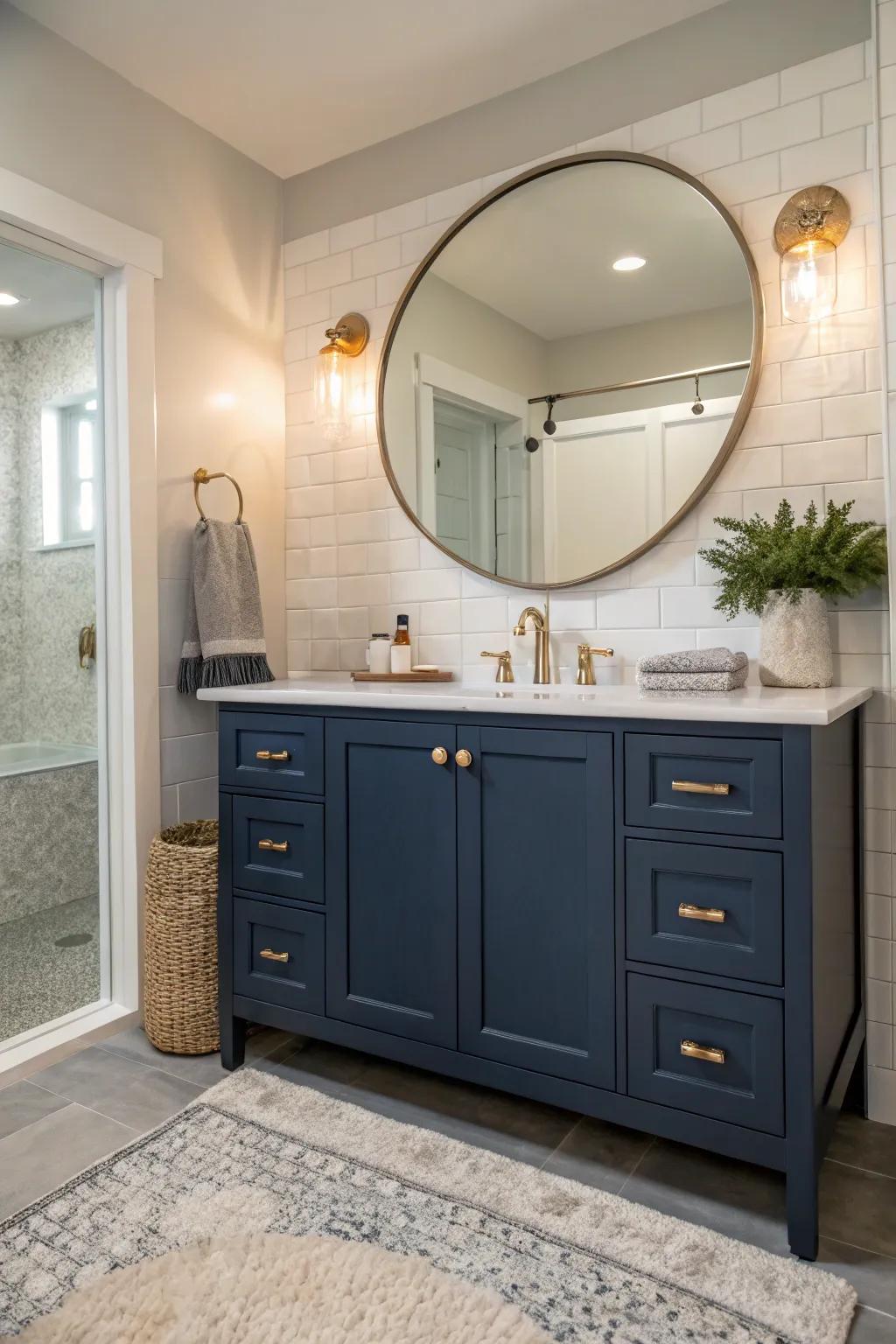 Round mirrors soften the bathroom’s look.