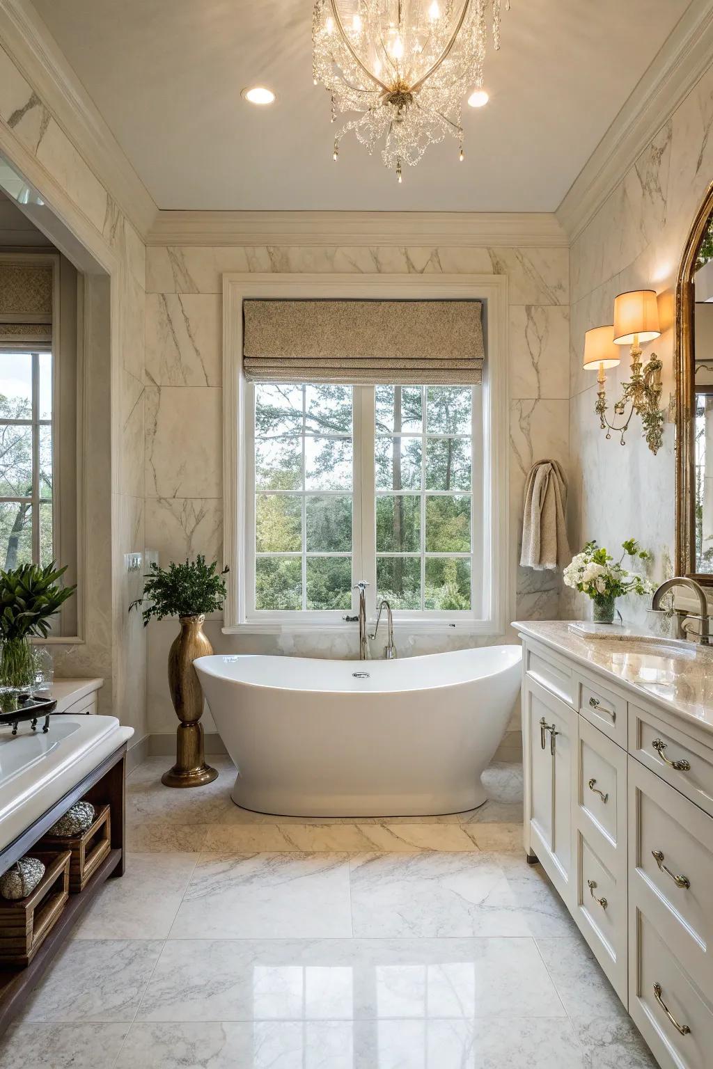 Freestanding tub as a focal point with elegant bathroom accents.