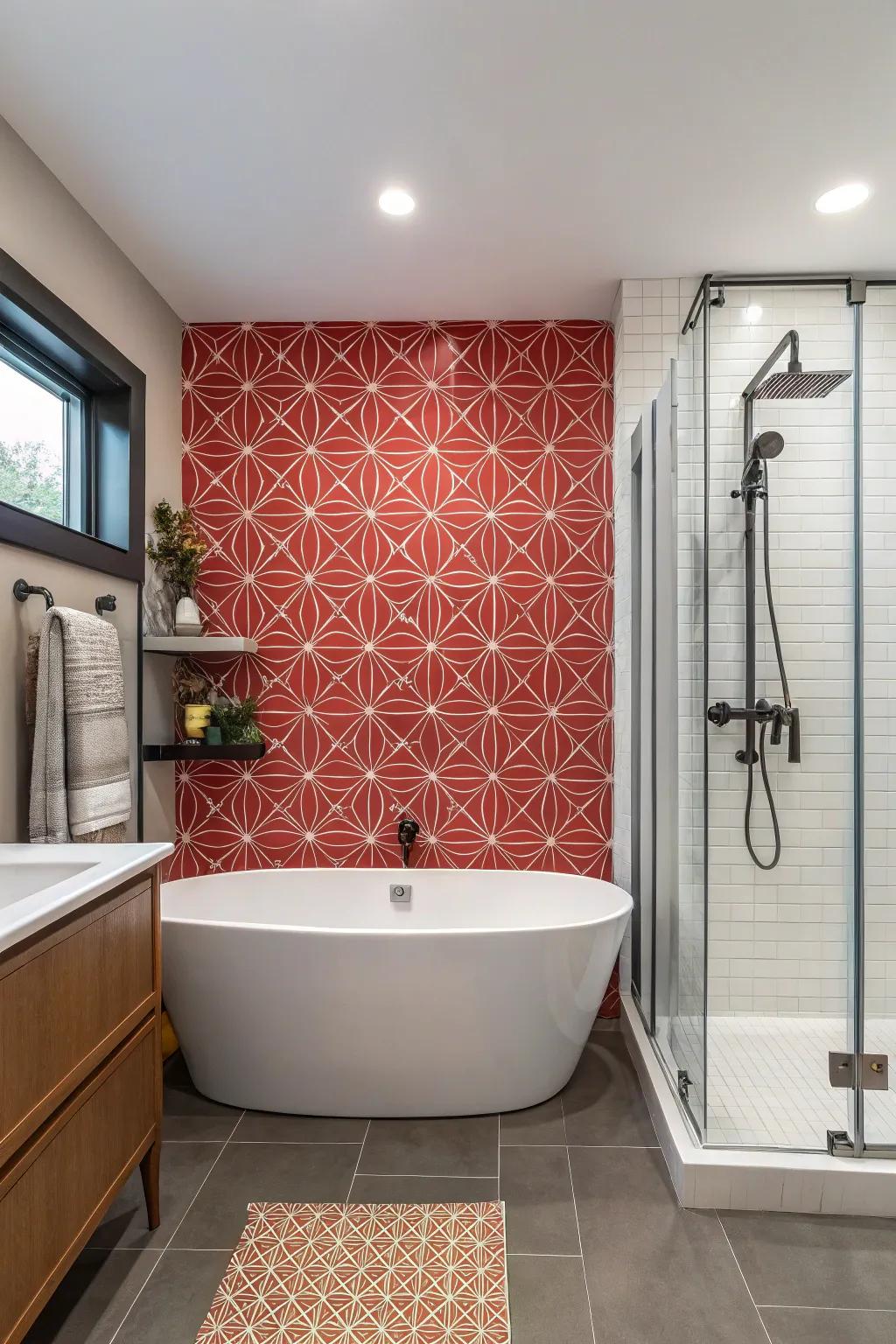 Striking feature wall adding personality to the bathroom.