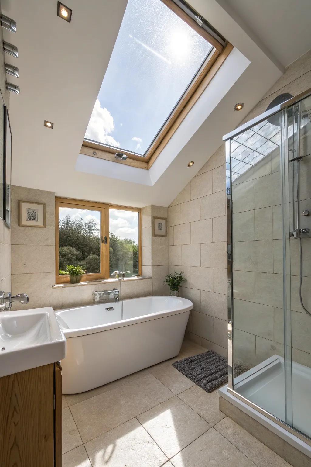 Skylight illuminating the bathroom with natural light.
