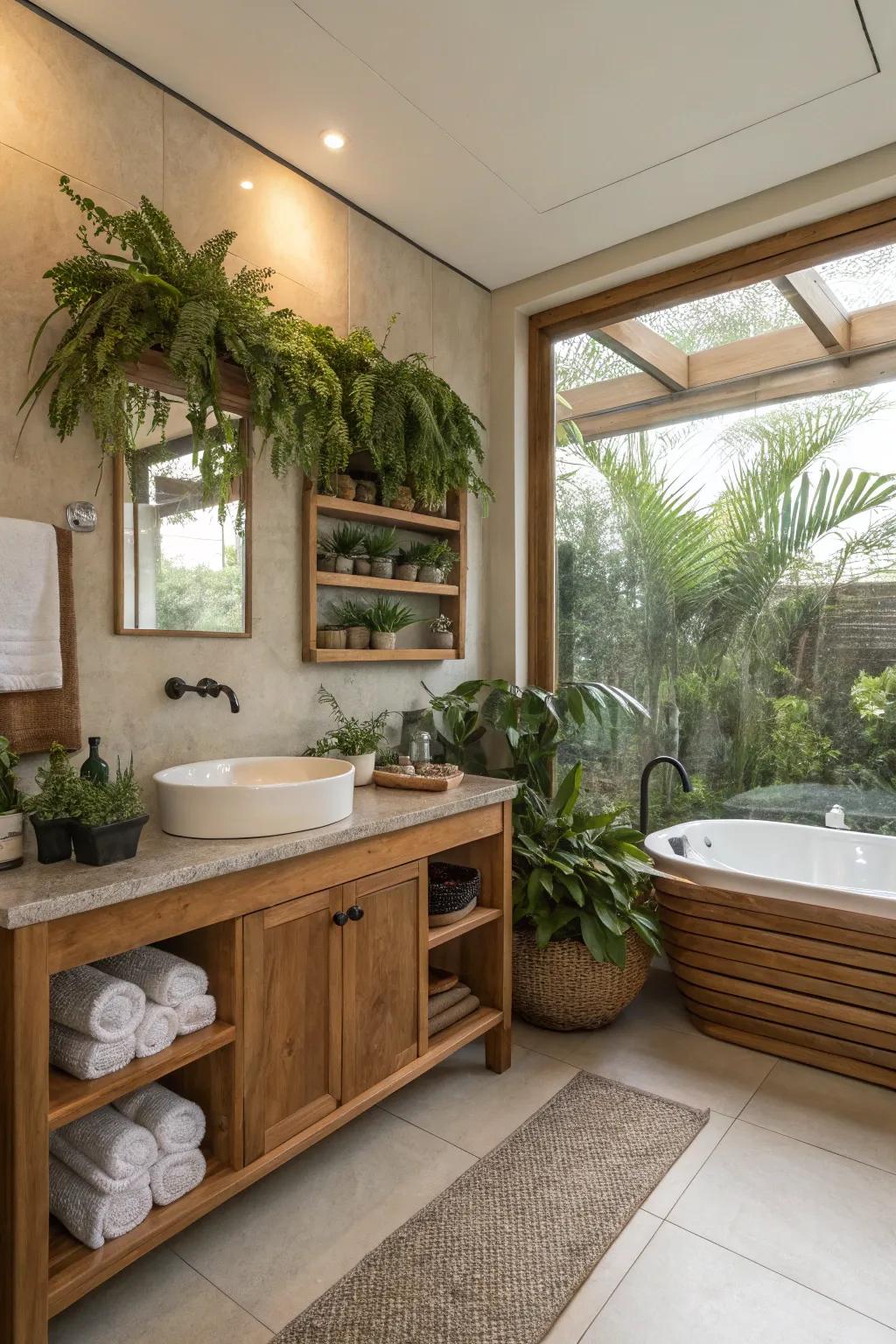 Natural wood accents and plants creating a spa atmosphere.