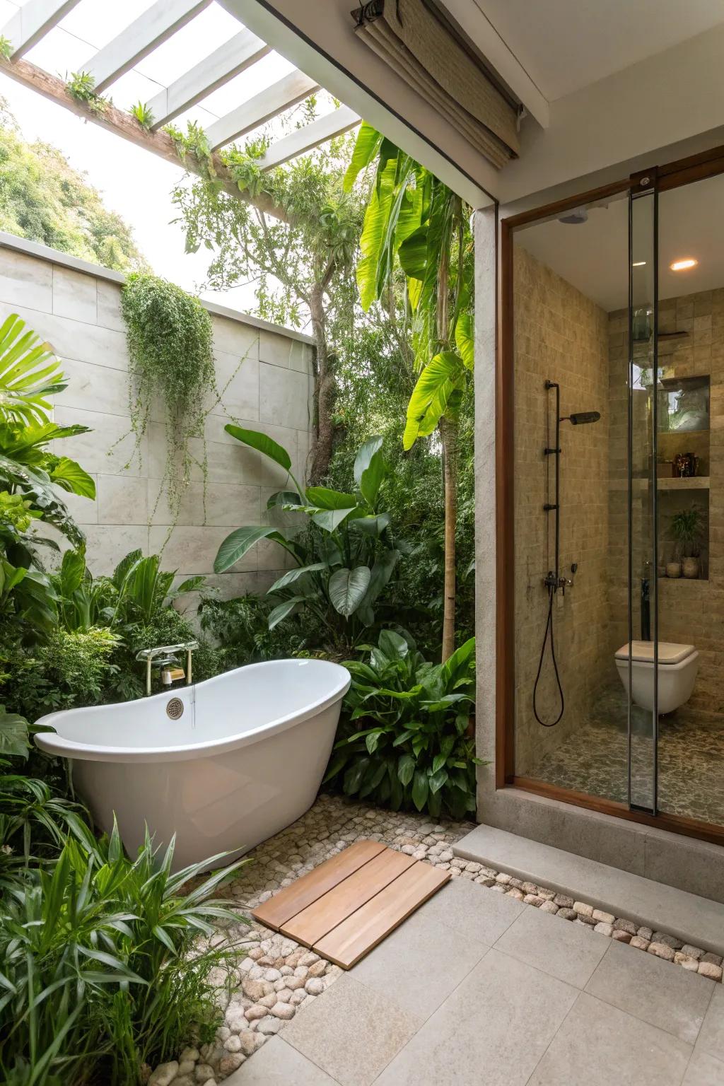 Indoor plants creating a fresh and inviting bathroom atmosphere.