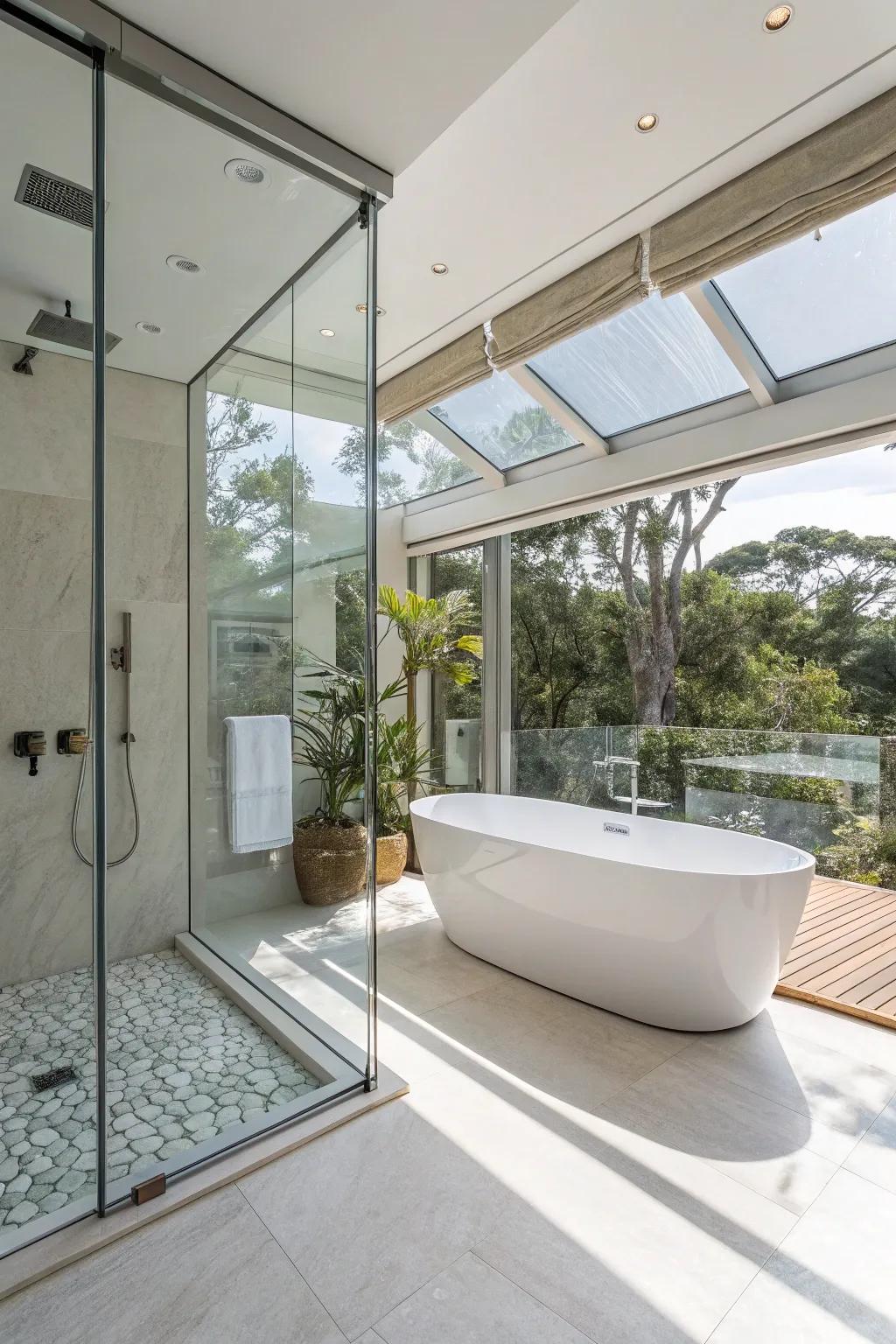 Clear glass shower walls creating an expansive bathroom feel.
