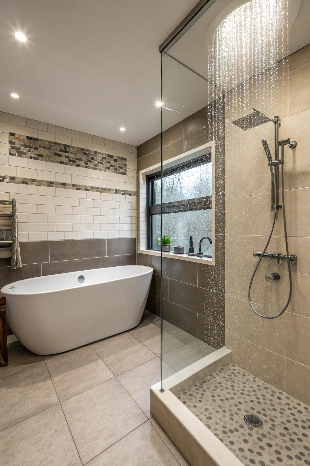 Open-plan bathroom design with seamless tub and shower integration.