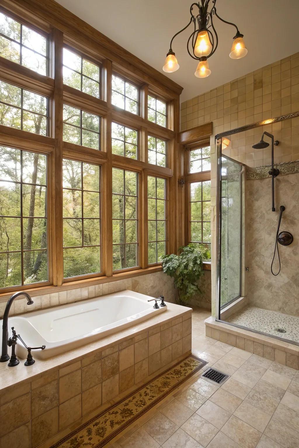 Expansive windows filling the bathroom with natural light.