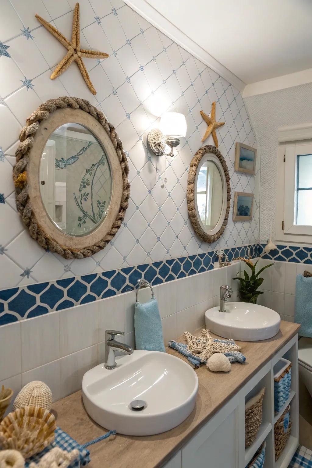 Nautical-style mirrors combine practicality with charming maritime aesthetics.