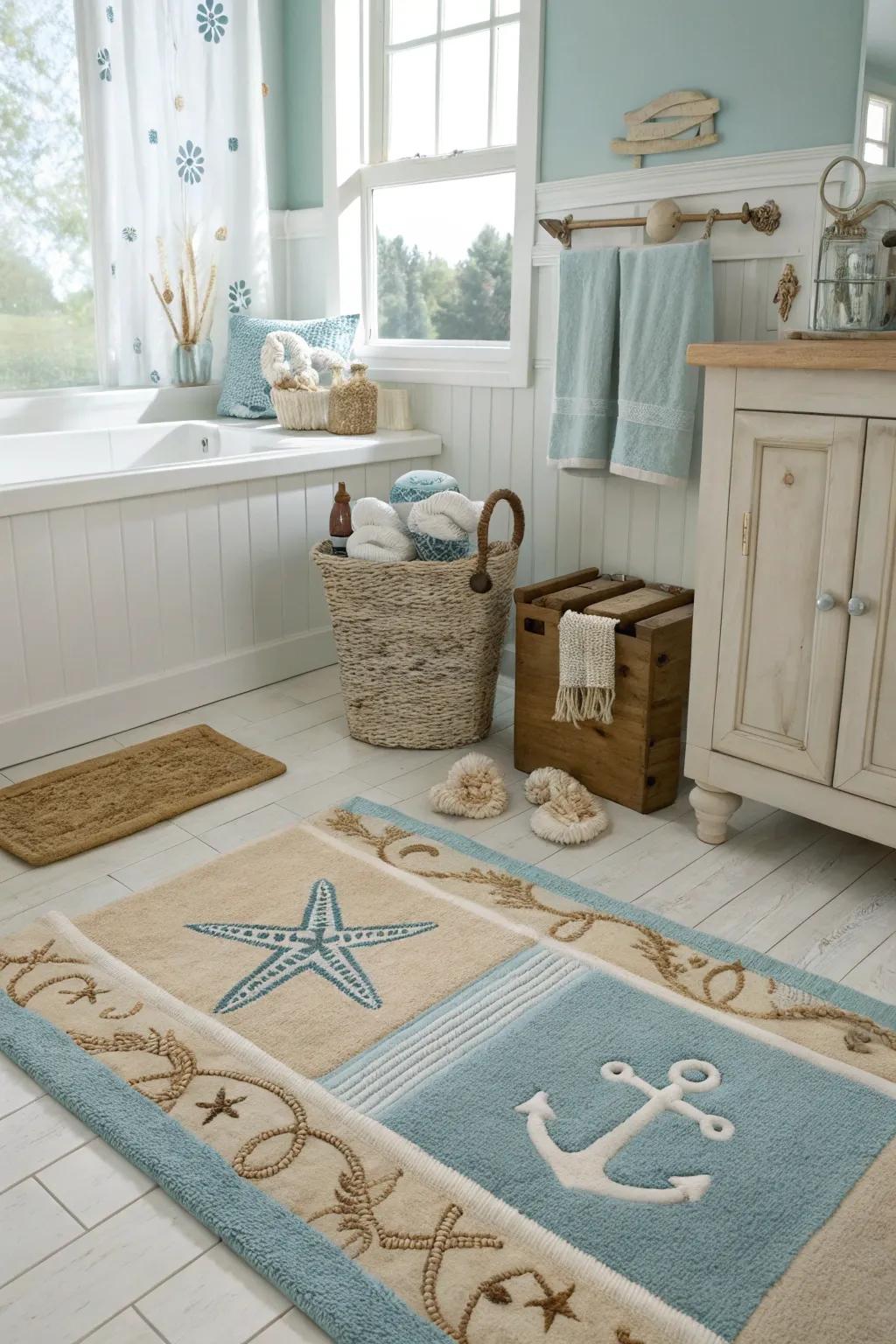 Flooring with beach motifs ties the coastal theme together seamlessly.